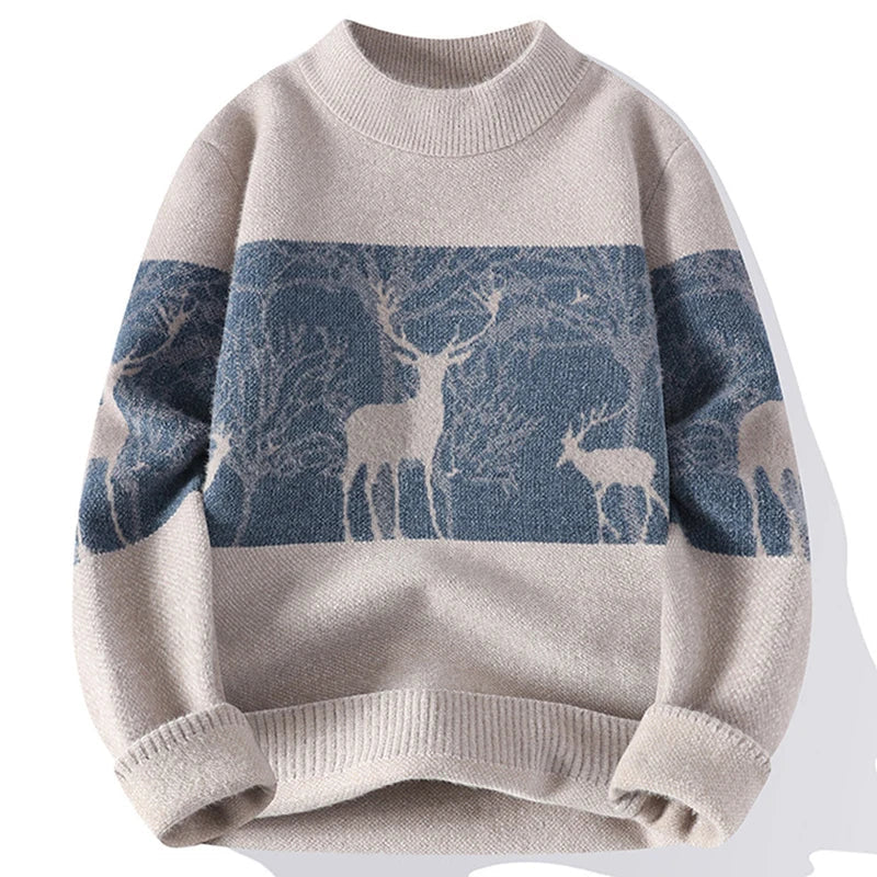 Winter Pullover Herren Hirschmotiv Rundhals Rippbund