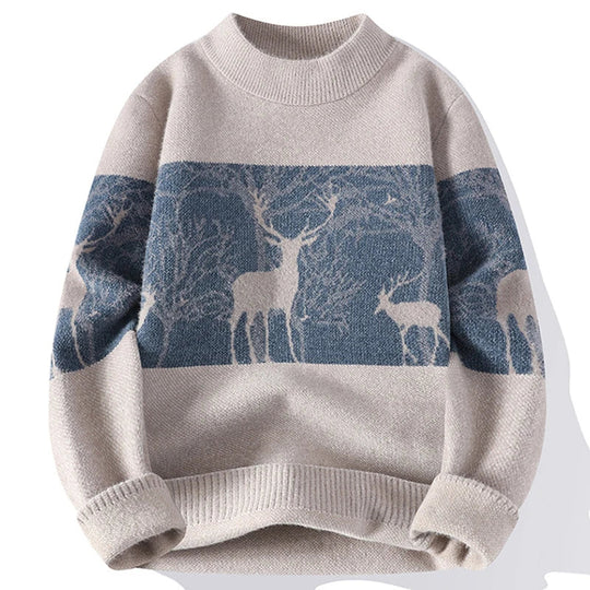 Winter Pullover Herren Hirschmotiv Rundhals Rippbund