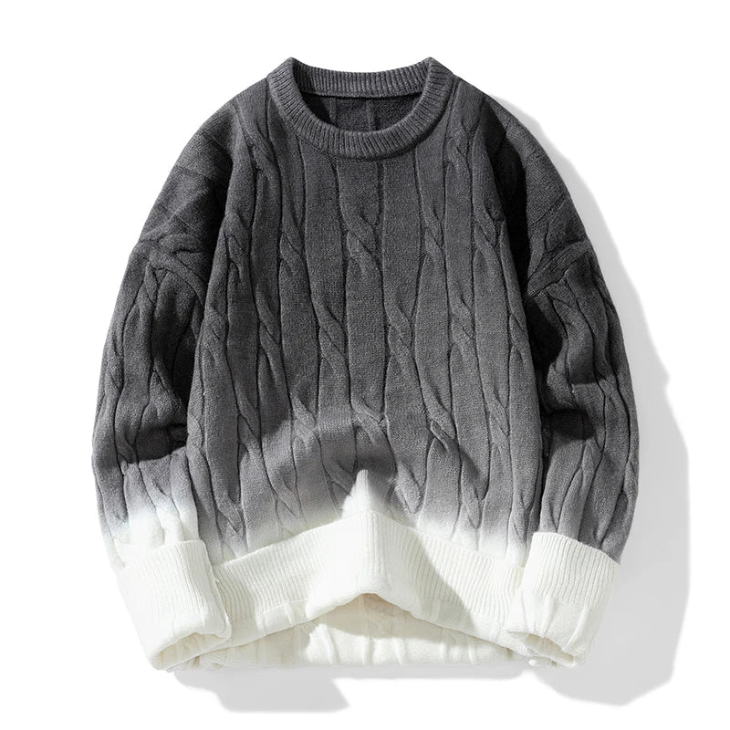 Zopfstrick Pullover Herren Wolle Farbverlauf Rundhals