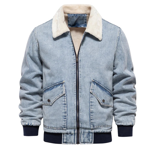 Denim Jacke Herren Fleecefutter Fellkragen Zip Warm