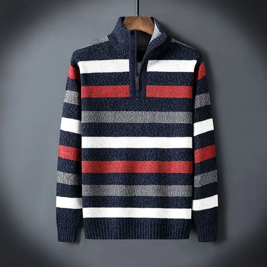 Gestreifter Woll Pullover Herren Hoher Kragen Halbzip