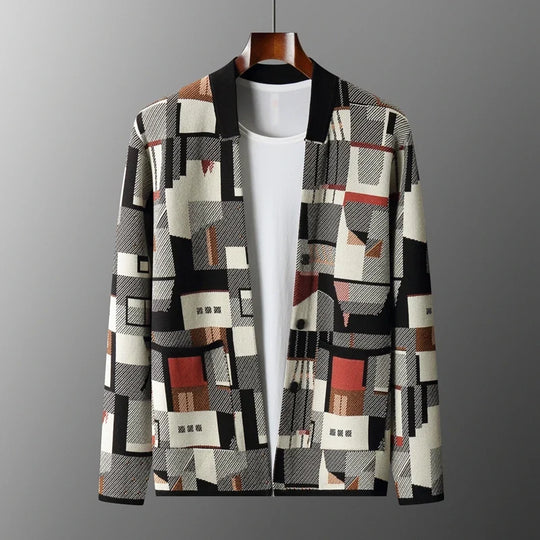 Wollmix Cardigan Herren Abstraktes Muster Tailliert