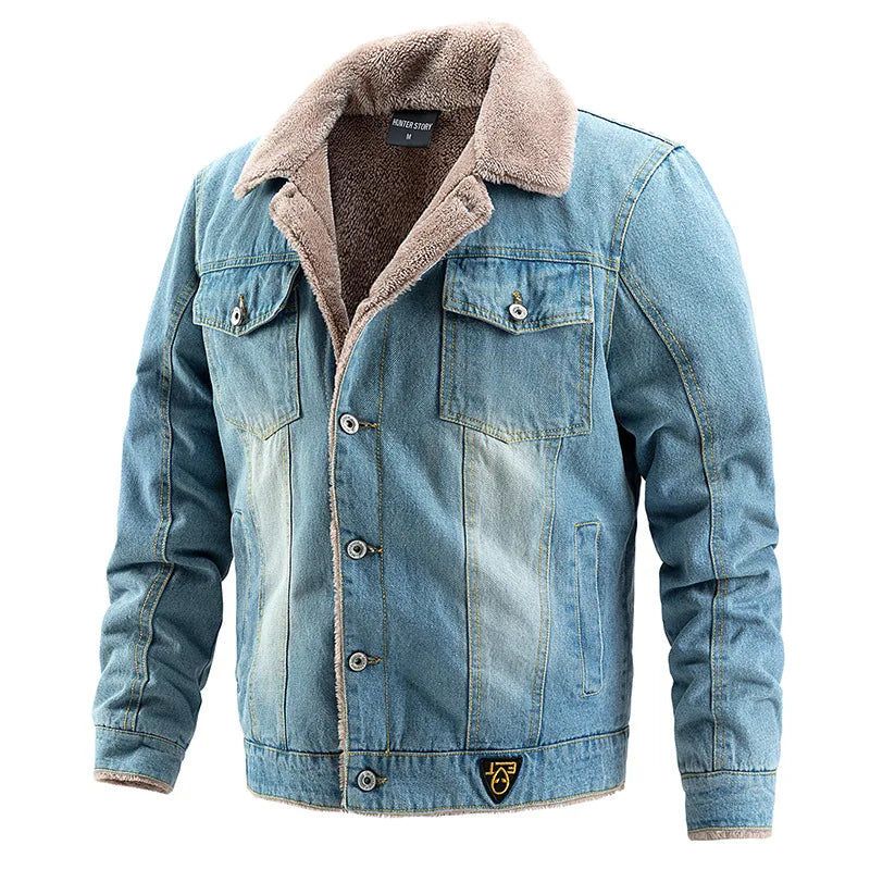 Denim Jacke Herren Fleecekragen Gefüttert Knopfleiste