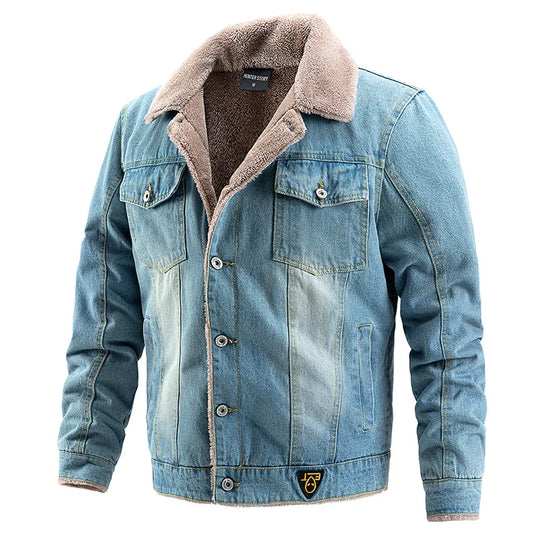 Denim Jacke Herren Fleecekragen Gefüttert Knopfleiste