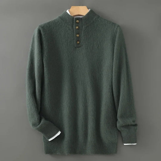 Gebürsteter Woll Pullover Herren Knopfleiste Rippbund