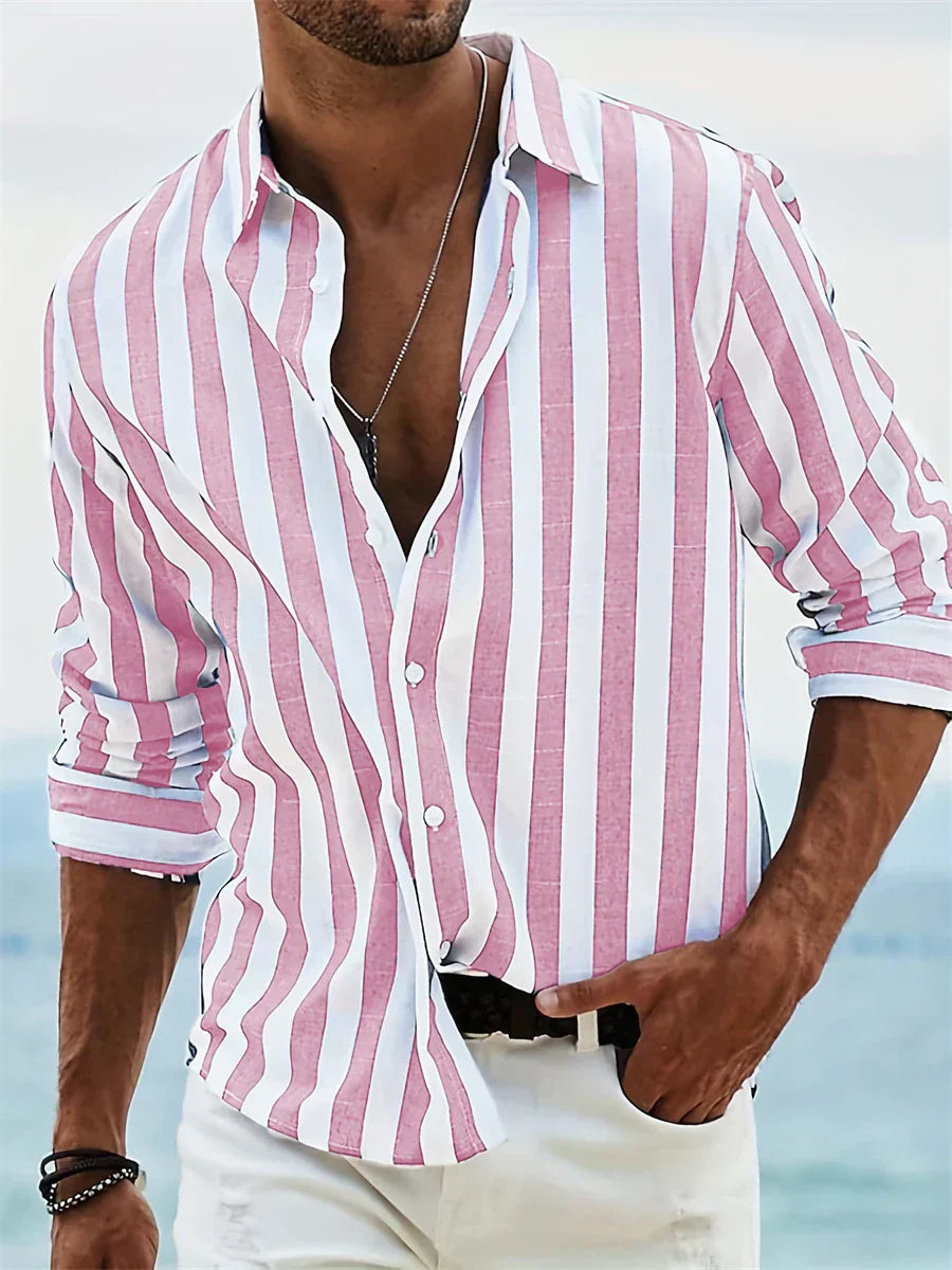 Herren Langarm-Streifenhemd mit Knopfleiste – Leichtes Sommer-Overshirt