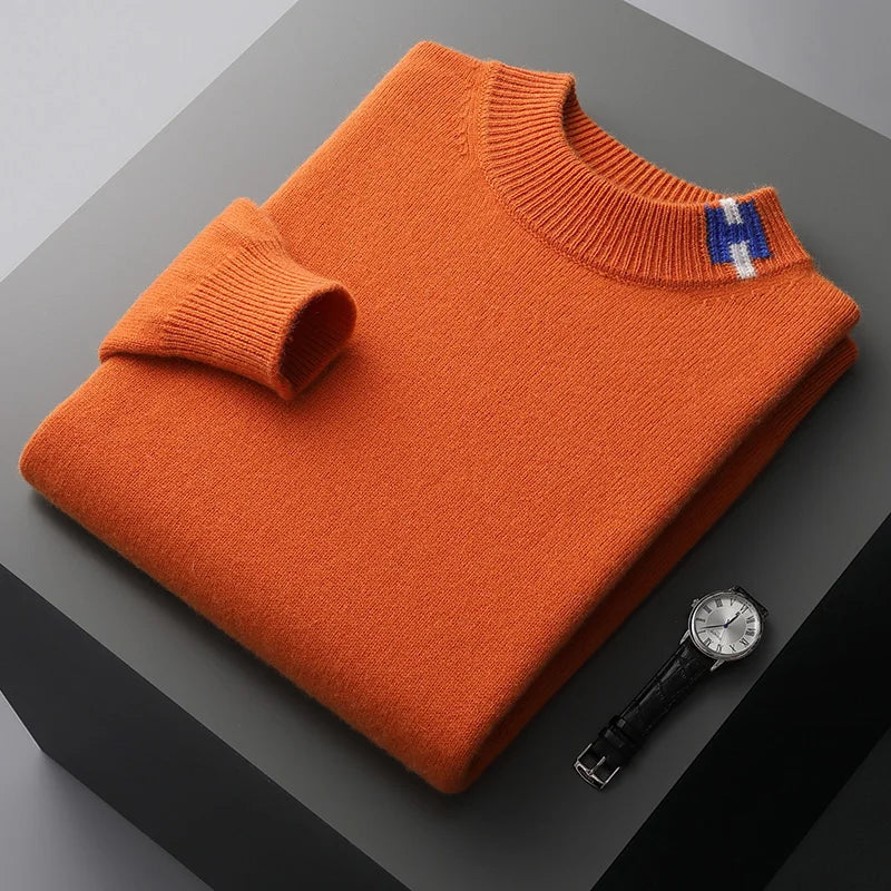 Leichter Woll Pullover Herren Rundhals Rippdetails