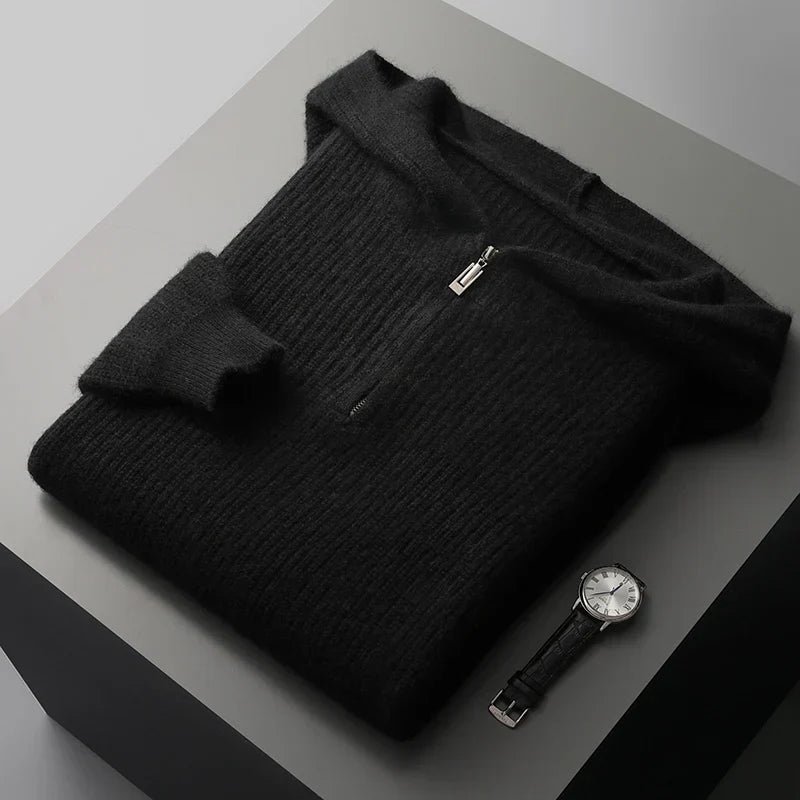 Merinowolle Hoodie Herren Halbzip Strukturstrick Leicht