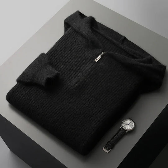 Merinowolle Hoodie Herren Halbzip Strukturstrick Leicht