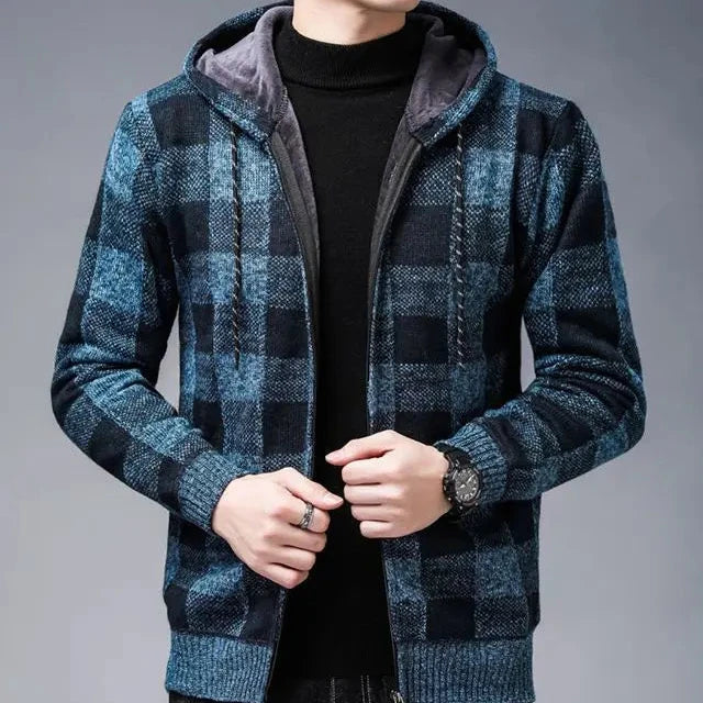 Karierter Zip Hoodie Herren Plüschfutter Kapuze Warm