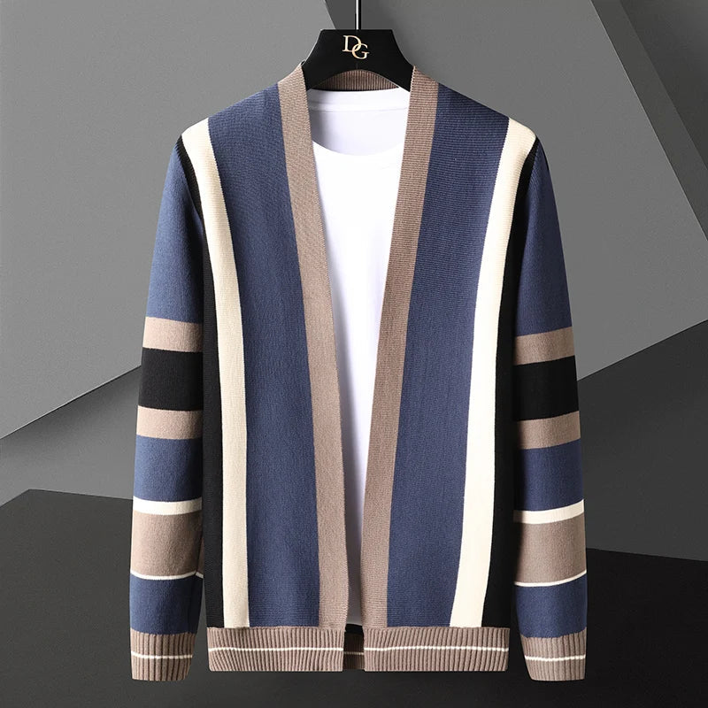 Wollmix Cardigan Herren Längsstreifen Offene Front