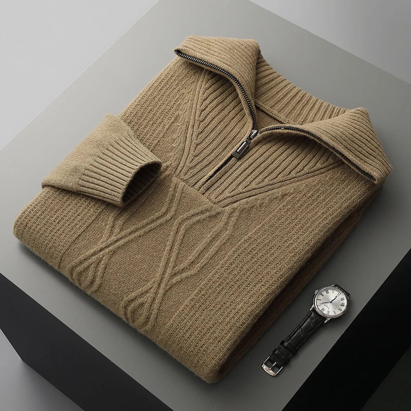Zopfstrick Pullover Herren Halbzip Rippkragen Struktur