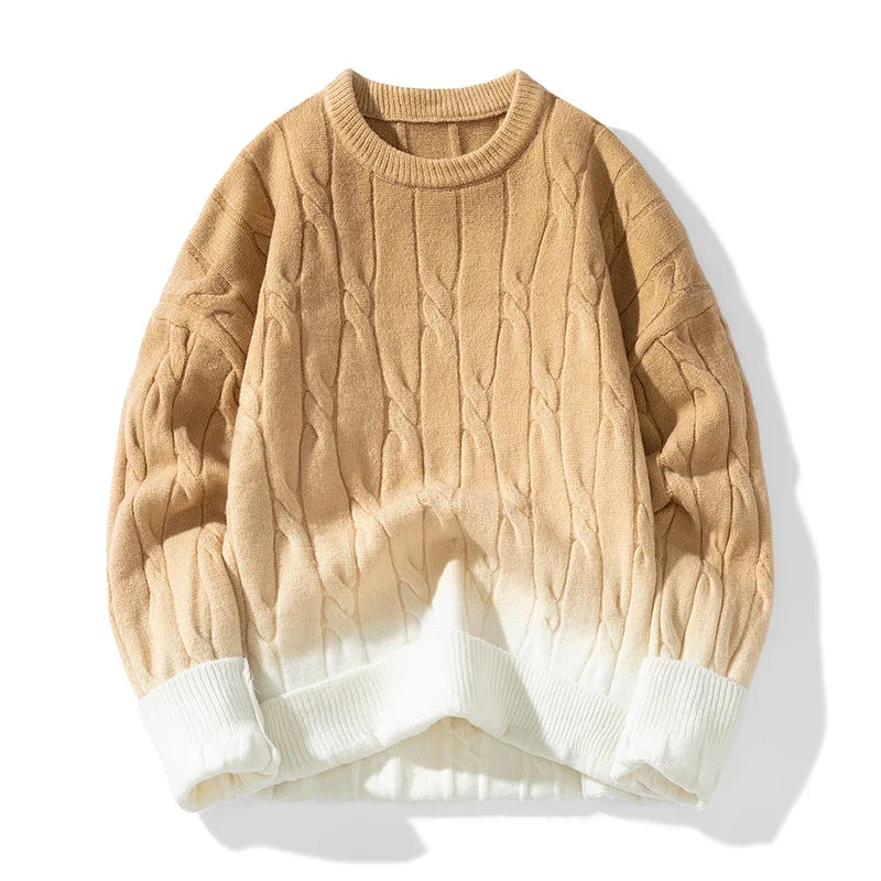 Zopfstrick Pullover Herren Wolle Farbverlauf Rundhals