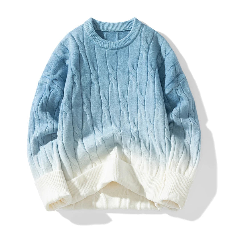 Zopfstrick Pullover Herren Wolle Farbverlauf Rundhals