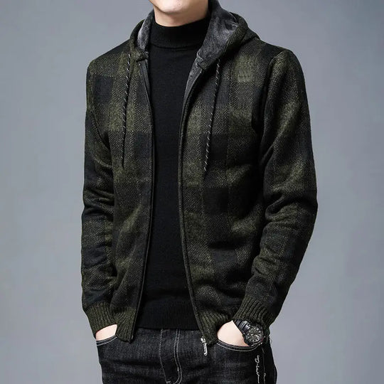 Karierter Zip Hoodie Herren Plüschfutter Kapuze Warm