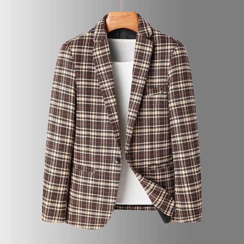 Karierter Woll Blazer Herren Reverskragen Zwei Taschen