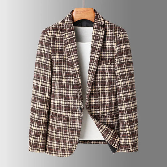 Karierter Woll Blazer Herren Reverskragen Zwei Taschen