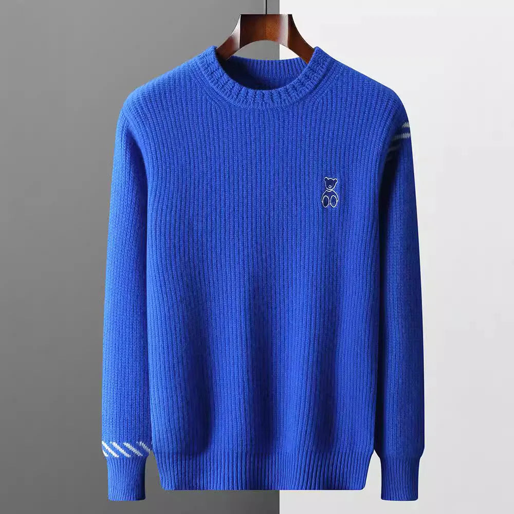Rippstrick Pullover Herren Stickerei Kontraststreifen
