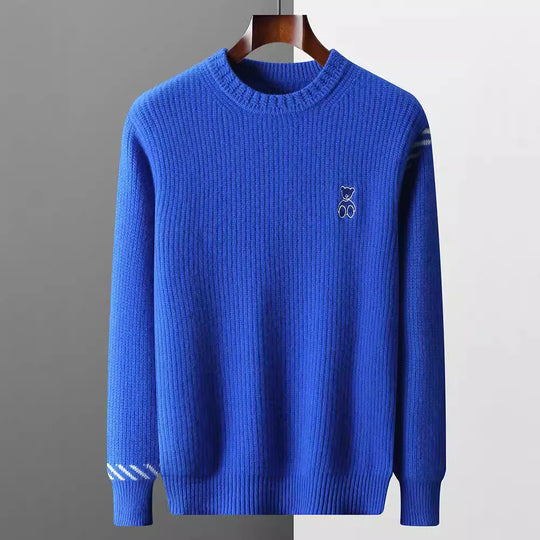 Rippstrick Pullover Herren Stickerei Kontraststreifen