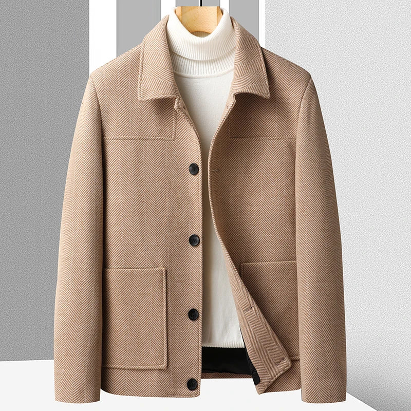 Fischgrat Wolljacke Herren Knopfleiste Zwei Taschen