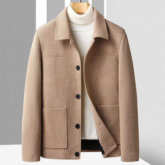 Fischgrat Wolljacke Herren Knopfleiste Zwei Taschen