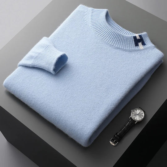 Leichter Woll Pullover Herren Rundhals Rippdetails