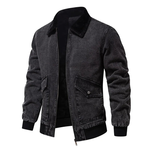 Denim Jacke Herren Fleecefutter Fellkragen Zip Warm