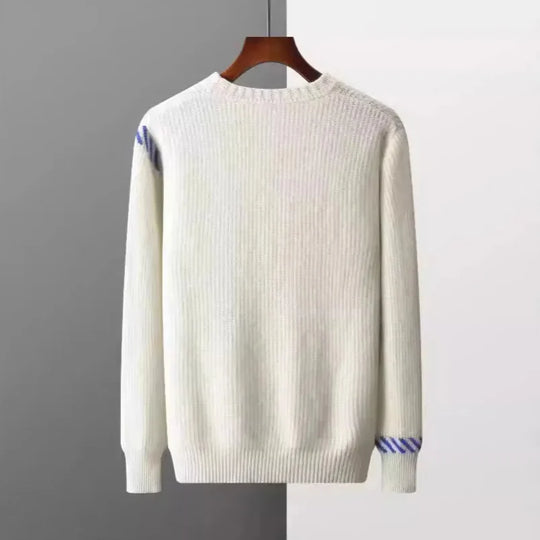 Rippstrick Pullover Herren Stickerei Kontraststreifen