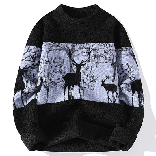 Winter Pullover Herren Hirschmotiv Rundhals Rippbund