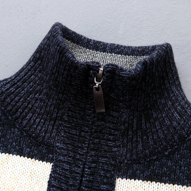 Gestreifter Woll Pullover Herren Hoher Kragen Halbzip