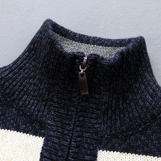 Gestreifter Woll Pullover Herren Hoher Kragen Halbzip