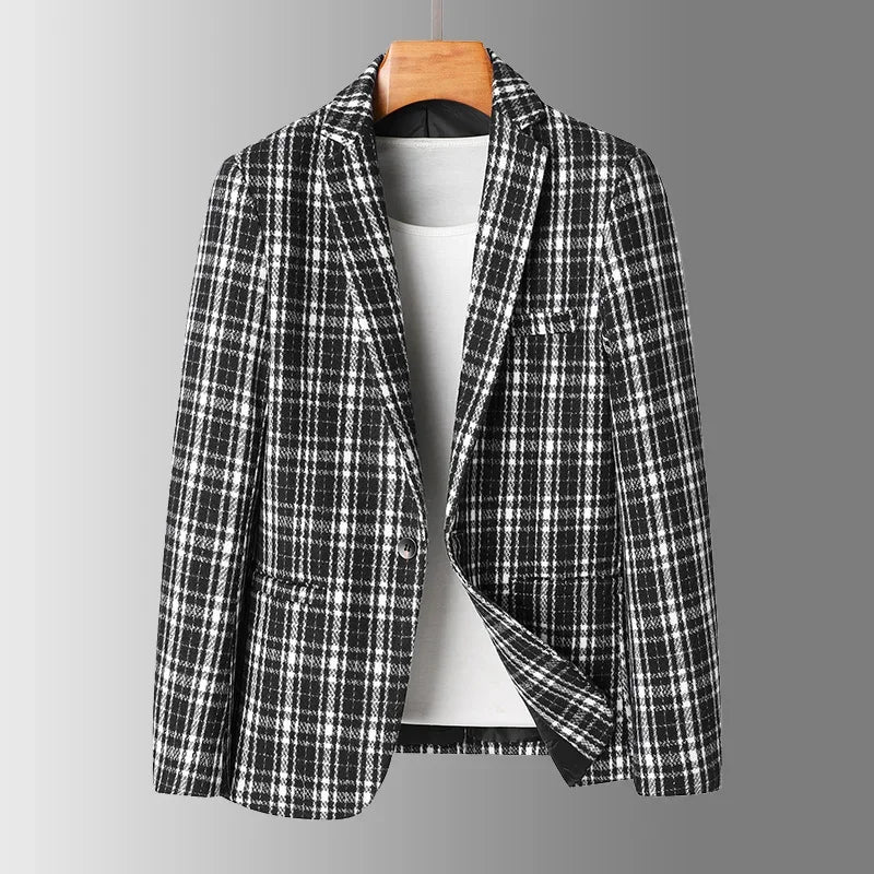 Karierter Woll Blazer Herren Reverskragen Zwei Taschen