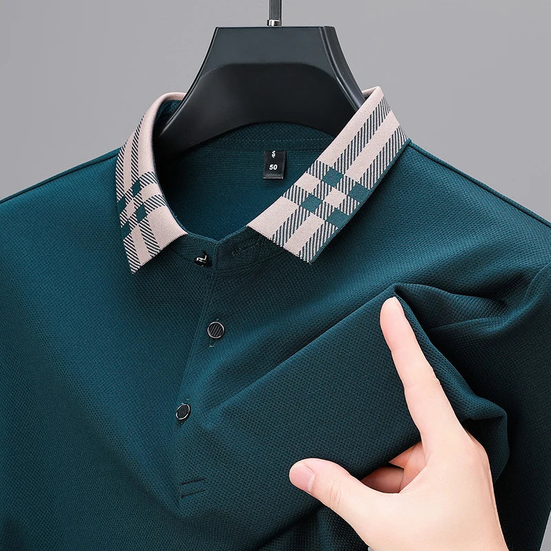 Woll Poloshirt Herren Kariertes Kragendetail Knopfleiste