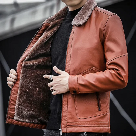 Leder Jacke Herren Fellkragen Zip Geknöpfte Bündchen