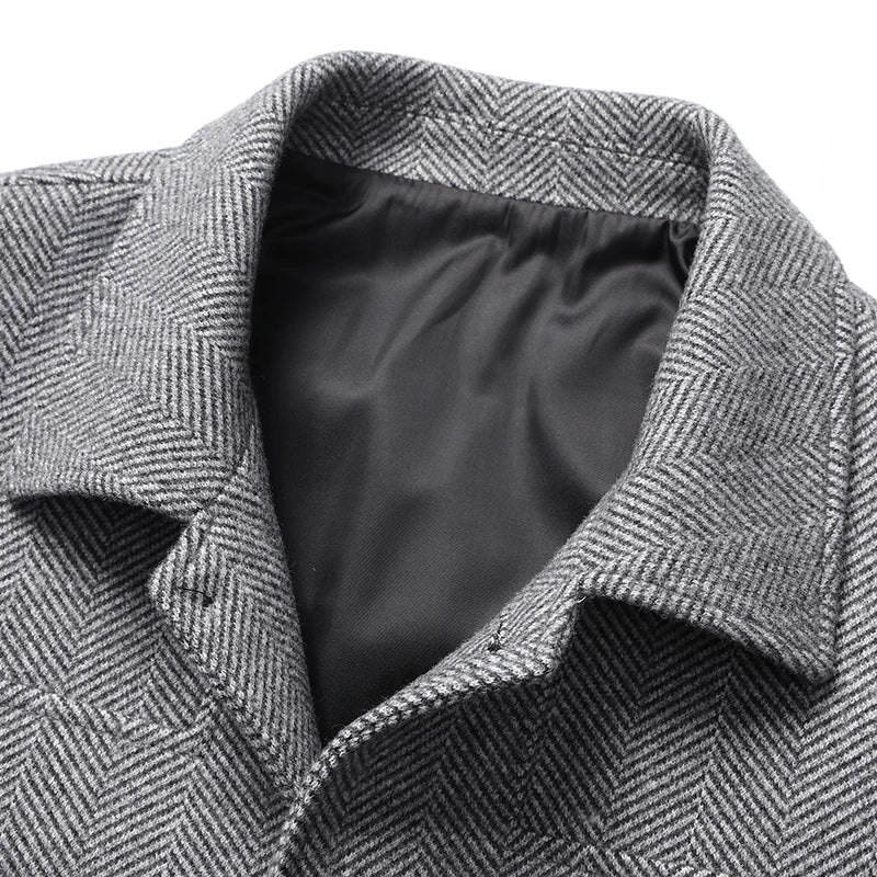 Fischgrat Wolljacke Herren Knopfleiste Zwei Taschen