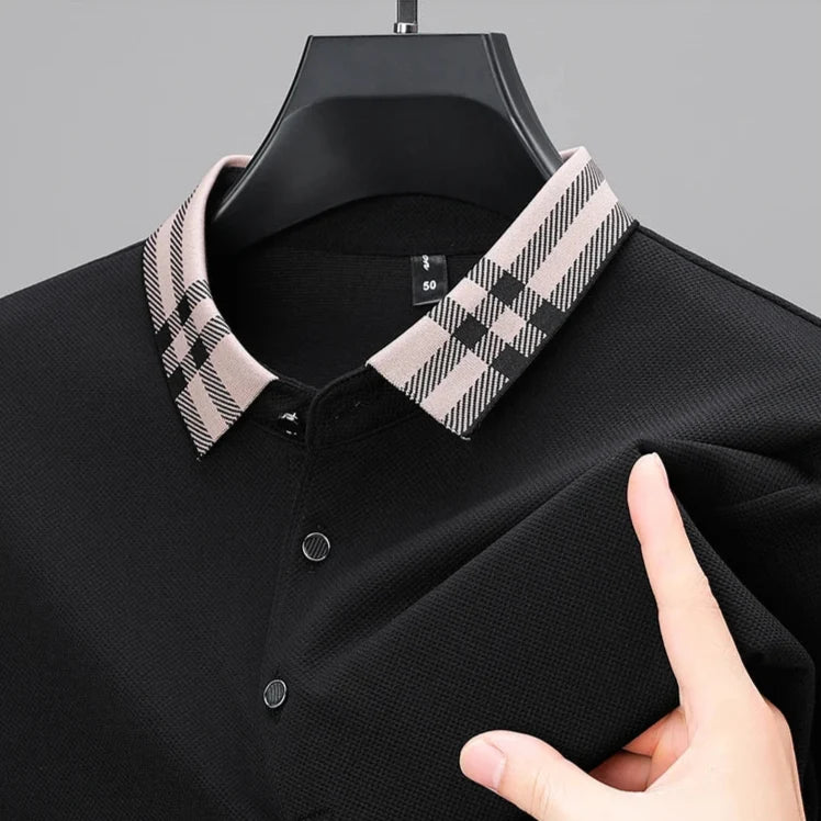 Woll Poloshirt Herren Kariertes Kragendetail Knopfleiste