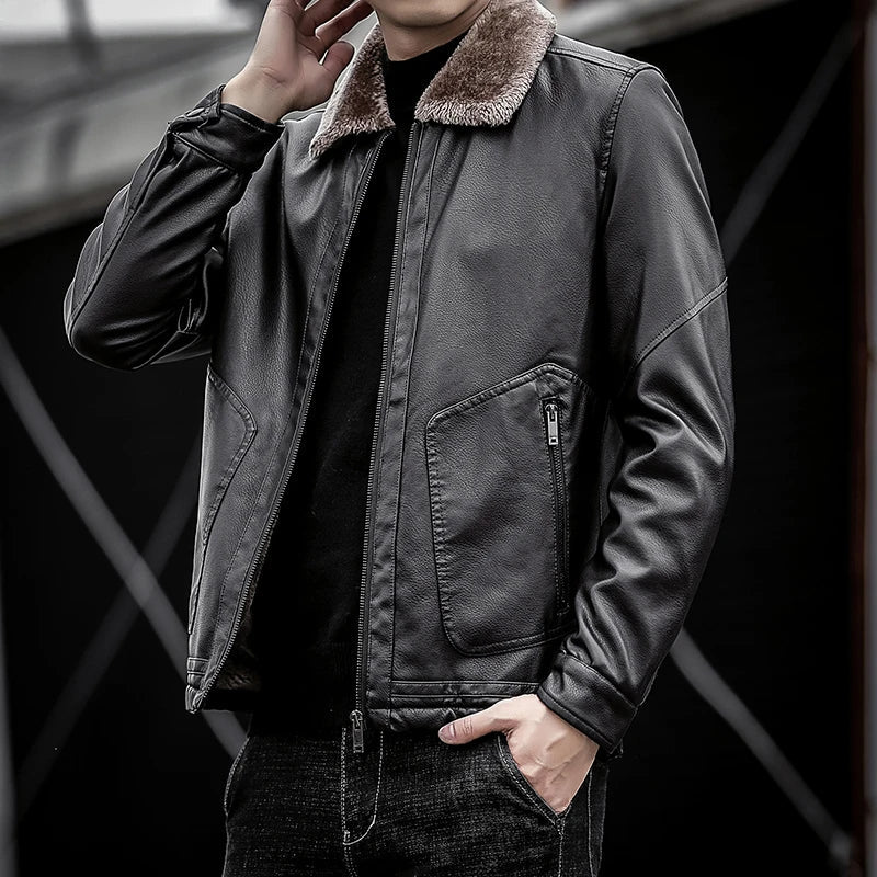 Leder Jacke Herren Fellkragen Zip Geknöpfte Bündchen