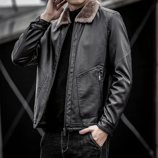 Leder Jacke Herren Fellkragen Zip Geknöpfte Bündchen