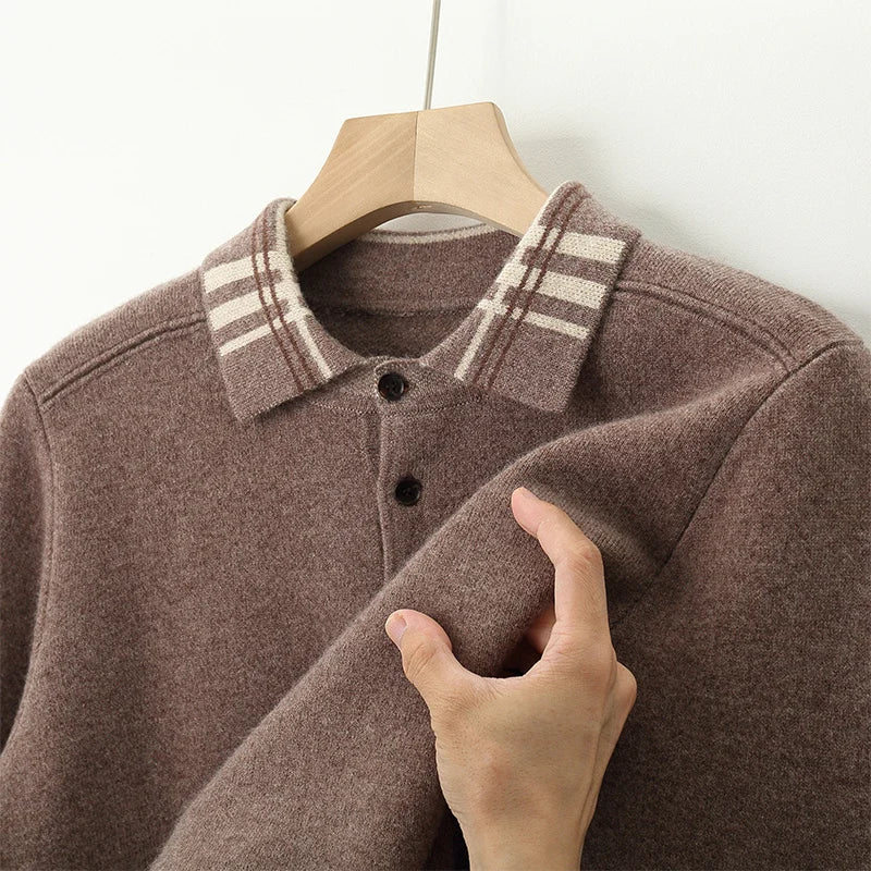 Woll Pullover Herren Gestreifter Kragen Knopfleiste