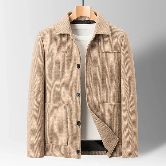 Fischgrat Jacke Herren Wolle Knopfleiste Zwei Taschen