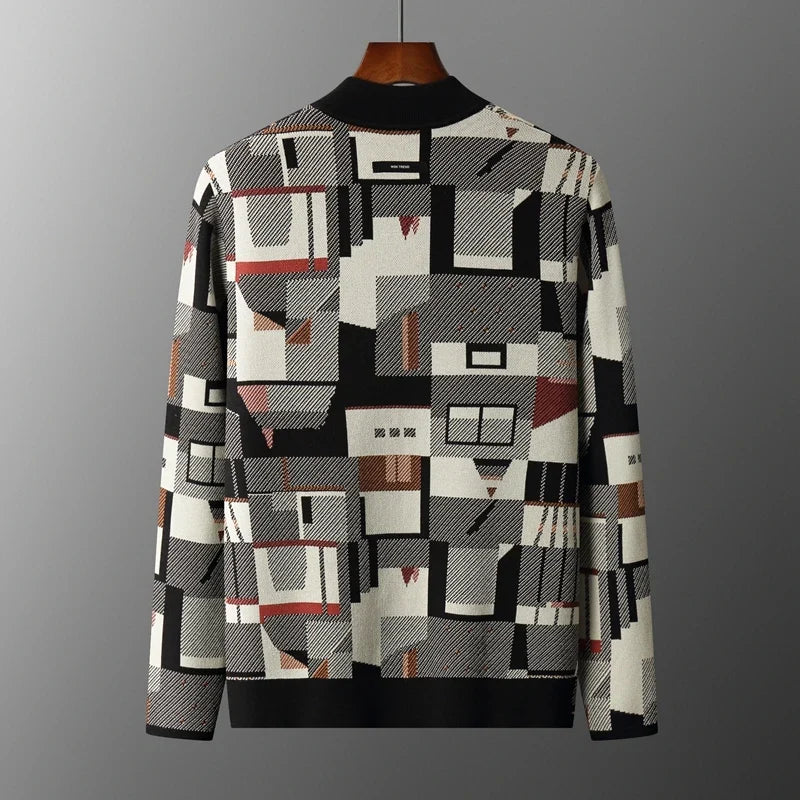 Wollmix Cardigan Herren Abstraktes Muster Tailliert