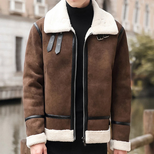 Fleece Jacke Herren Fellkragen Schnallen Zwei Taschen