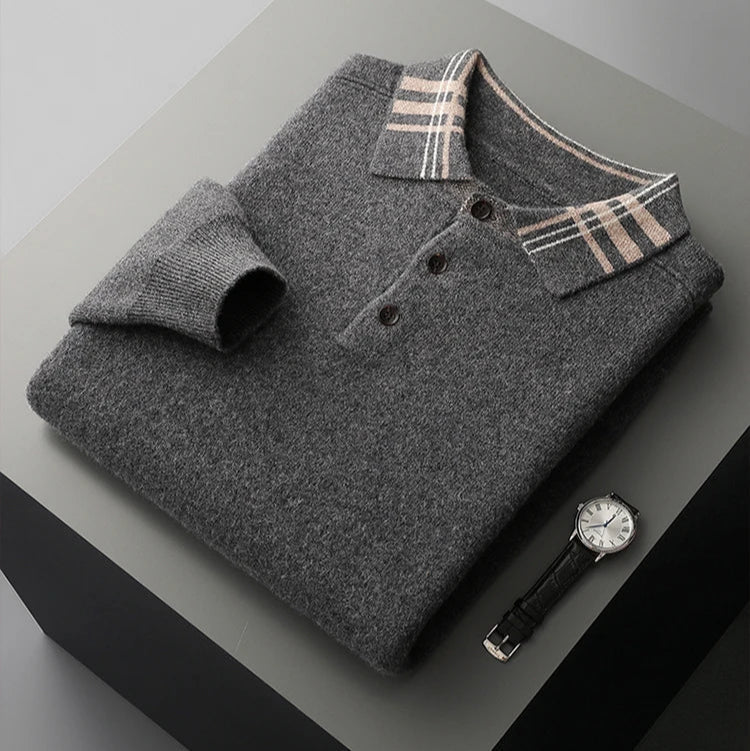 Woll Pullover Herren Gestreifter Kragen Knopfleiste