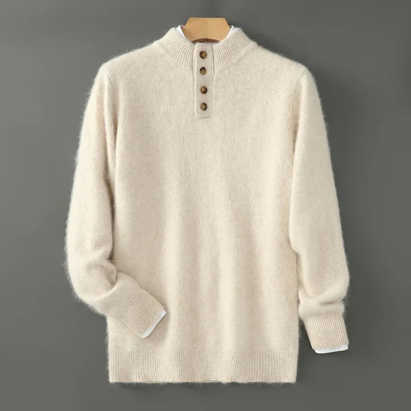 Gebürsteter Woll Pullover Herren Knopfleiste Rippbund