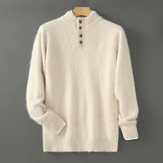 Gebürsteter Woll Pullover Herren Knopfleiste Rippbund