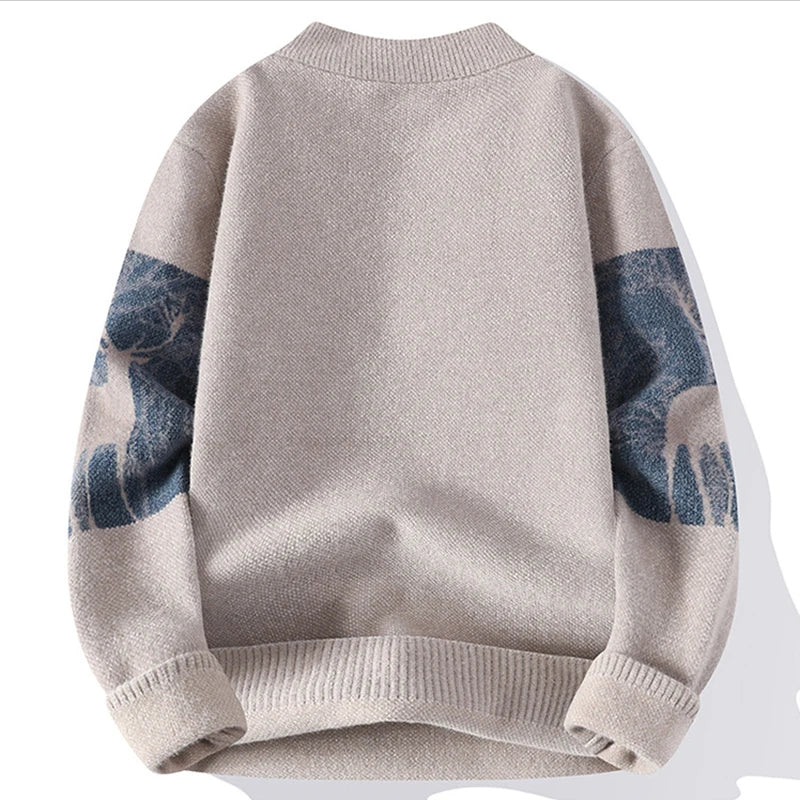Winter Pullover Herren Hirschmotiv Rundhals Rippbund