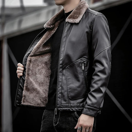 Leder Jacke Herren Fellkragen Zip Geknöpfte Bündchen