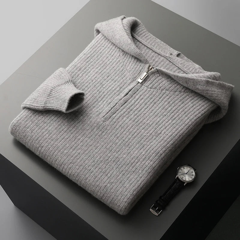 Merinowolle Hoodie Herren Halbzip Strukturstrick Leicht