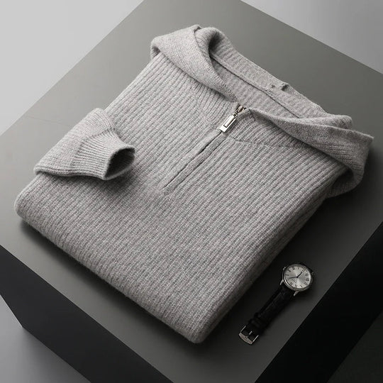 Merinowolle Hoodie Herren Halbzip Strukturstrick Leicht