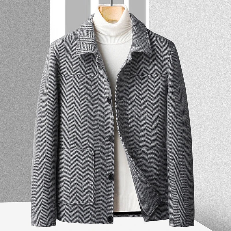 Fischgrat Wolljacke Herren Knopfleiste Zwei Taschen